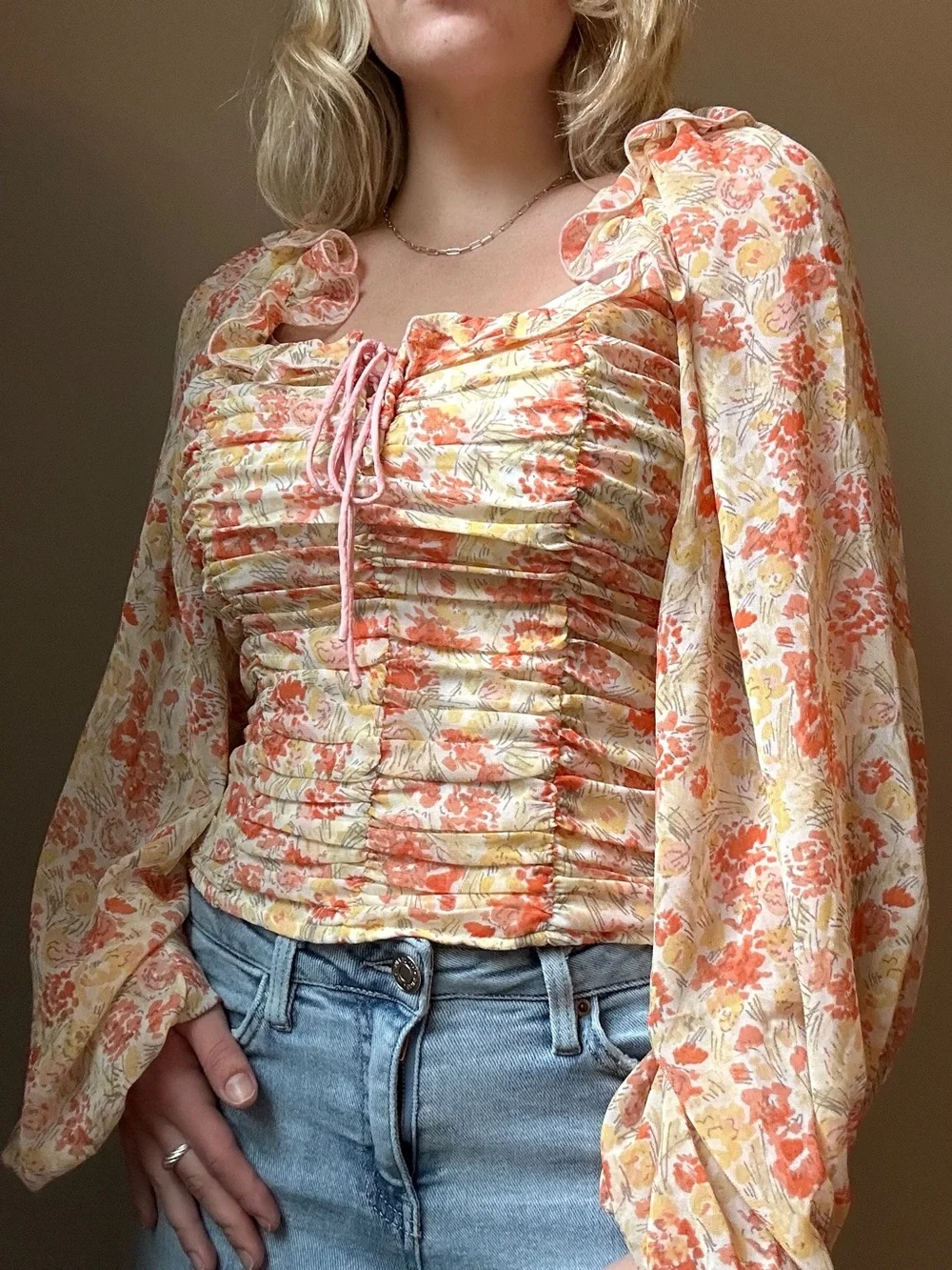 Free People Floral Ruched Peasant Blouse in Peach and Cream